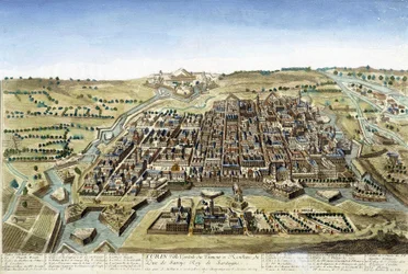 18e-eeuwse gravure die de stad Turijn voorstelt