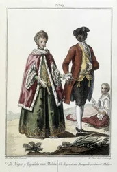 Een zwarte persoon en een Spaanse persoon krijgen een mulat - gravure