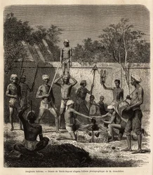 Een groep Indiase goochelaars. Gravure ter illustratie van de reis in de zuidelijke provincies van India, door Alfred Grandidier, in 1862-1864, gepubliceerd in 