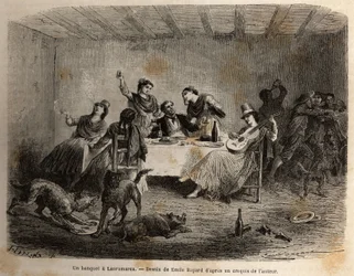 Een banket in Lauramarca (Laag-Peru), een man omringd door Indiaanse vrouwen, wordt bediend en verwend, terwijl zijn dienaren zonder zijn medeweten ruzie maken. Gravure ter illustratie van de reis in de valleien van Quinquinas (Peru), door