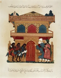 Een karavaan in beweging. Illustratie van de 13e eeuw van de 