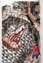 Een hert valt in de val van jagers, uit het boek "Trujillo del Peru" of "Códice Martínez Compañón", door Baltazar Martinez Compañón y Bujanda, bisschop van Trujillo (1782-1785)