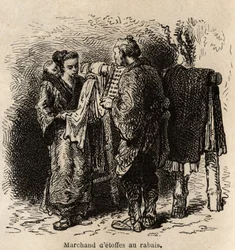 Een korting stoffenhandelaar maakt het artikel aan een jonge vrouw die haar peuter op haar rug draagt. Gravure ter illustratie van de reis naar Japan, door Aime Humbert, minister van de Zwitserse Confederatie, in 1863-1864, gepubliceerd in 