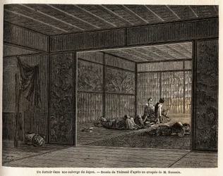 Een slaapzaal in een herberg in Japan. Gravure ter illustratie van de reis naar Japan in 1863-1864, door Aime Humbert, minister van de Zwitserse Confederatie, in 