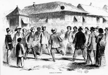 Een voetbalwedstrijd in Manilla (Filipijnen) - gravure