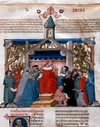 Een advocaat die de Miniatuurwet toepast, genomen uit de Codex Justinianus, een verzameling wetten en instellingen gepubliceerd onder de Romeinse keizer Justinianus I van Byzantium (483-565)