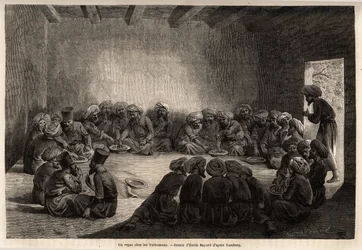 Een maaltijd bij de Turkmenen (Irak). Tekening door Emile Bayard, ter illustratie van de reis naar Centraal-Azië, in 1863, door Arminius Vambery (Hongaarse wetenschapper vermomd als derwisj). Gravure in 
