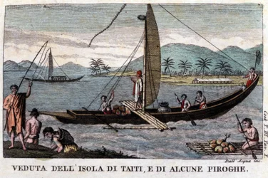Een Polynesische schommelkano in Tahiti. Aan boord een lading kokosnoten en broodboomvruchten. Lithografie van de 19e eeuw