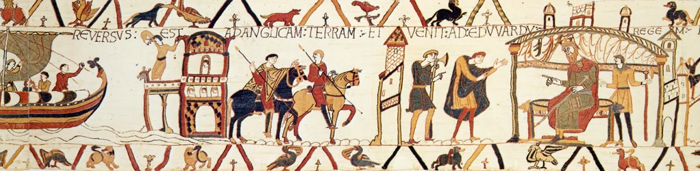 Een scène uit het Tapijt van Bayeux die koning Edward toont die met Harold praat