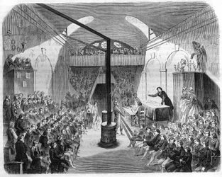 Een zitting in de club van Jacobijnen, tijdens de Revolutie van 1789. Gravure uit 1844