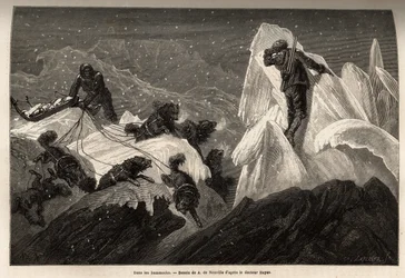Een slee en zijn bemanning verloren in de Hummocks, gescheurde ijsblokken die het oppervlak van het pakijs animeren. Gravure ter illustratie van de reis naar de vrije zee van de Noordpool, door dokter Hayes, chirurg van de Amerikaanse marine, in 1860-1862,