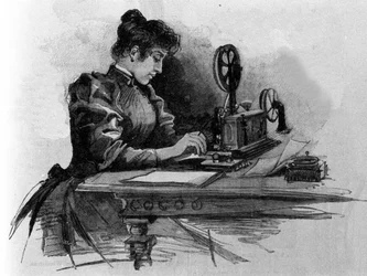 Een telegraafoperator uitgevonden door de Amerikaanse uitvinder Samuel Finley Breese Morse. Gravure uit de 19e eeuw