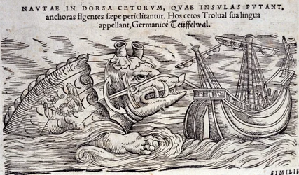 Een walvis verward met een eiland. Twee mensen maken een vuur op de rug van een zeemonster. Gravure in 