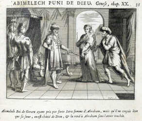 Abimelech geeft Sarah aan Abraham - Bijbel, gravure