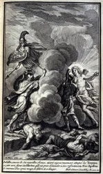Achilles, bedekt met zijn nieuwe wapens, valt de Trojanen fel aan, stort zich woedend op Hector, die hij op het punt staat te doden, maar Apollo bedekt hem met een dikke wolk om hem van dit gevaar te bevrijden. Illustratie van boek XVII van de Ilias van Ho