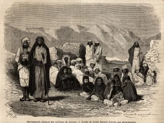 Afghaanse bergbewoners nabij Sarwar. Gravure ter illustratie van de reis naar Pandjab en Kasjmir, verhaal door Guillaume Lejean, in 1866, gepubliceerd in 