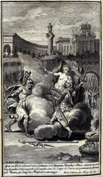 Na een plechtige overeenkomst tussen de Grieken en de Trojanen, gingen Menelas en Paris een enkel gevecht aan. Deze, klaar om te bezwijken onder de slagen van de ander, wordt gered door Venus die Troyes in een wolk wint. Illustratie van boek III van de Ili