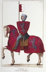 Amaury VI, Graaf van Montfort, verloor een deel van de veroveringen van zijn vader Simon IV en droeg zijn rechten op het Zuiden over aan de koning van Frankrijk, Lodewijk VIII. Gravure uit 1830.