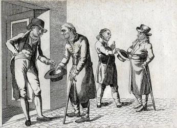Amone. Bedelaars die hoeden uitsteken om munten te ontvangen. Eindgravure van de 18e eeuw. Privécollectie