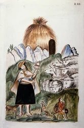 Een Indiase herderin bij haar hut met haar kudde, uit het boek "Trujillo del Peru" of "Códice Martínez Compañón", door Baltazar Martinez Compañón y Bujanda, bisschop van Trujillo (1782-1785)