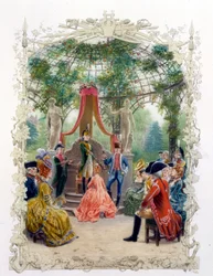 Aristocratische ceremonie in een tuin (het kasteel van Versailles?) in 