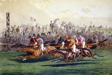 Aankomst van een paardenrace. Illustratie uit de 19e eeuw