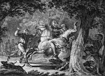 Moord op Childerik II, 675: de koning der Franken (circa 653-675) werd in het bos van Lognes gedood door Bodillon, een heer die hij had laten geselen. Gravure uit de 18e eeuw.