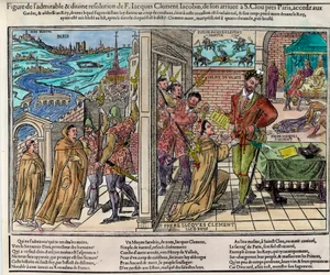 Moord op de koning van Frankrijk Hendrik III (1551-1589) door Jacques Clément (1567-1589), een dominicaanse geestelijke en aanhanger van de Katholieke Liga, op 1 augustus