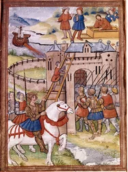 Aanval op een kasteel. Episode van de 100-jarige oorlog. 16e-eeuws manuscript. Victoria en Albert Library, Londen