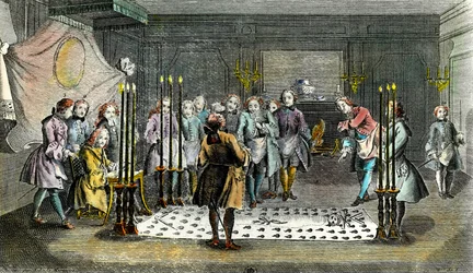 Bijeenkomst van vrijmetselaars voor de ontvangst van meesters. Gravure omstreeks 1750. Privécollectie