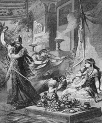 Assuerus I (Xerxes I) ontdekt Aman (Haman) aan de voeten van Esther.