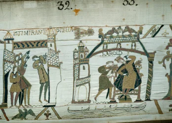 Astrologen rapporteren de verschijning van de komeet (Halley), een voorteken van ongeluk voor Harold, net gekroond tot koning van Engeland (detail van het Tapijt van Bayeux)