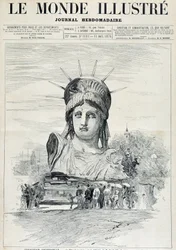 Op de Wereldtentoonstelling van 1878: het hoofd van het Vrijheidsbeeld door de heer Bartholdi, bestemd voor de haven van New York - in "The Illustrated World" van 13/07/1878