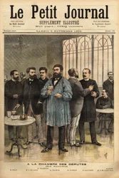 Aan de bar van de Kamer van Afgevaardigden, met van links naar rechts: Emile Basly (1835-1928), afgevaardigde van Parijs, uit de vakbondsbeweging van mijnwerkers, Camille Pelletan (1846-1915) journalist schrijver en afgevaardigde van de Bouches du Rhone, A
