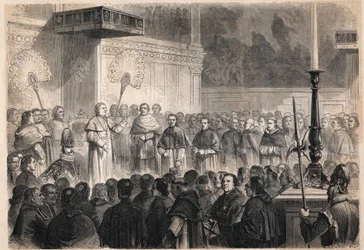 Audiëntie gegeven door paus Pius IX (Pio) (1792-1878) aan buitenlandse geestelijken in de Sixtijnse Kapel (cappella sistina) in Rome ter gelegenheid van de vieringen van de heiligverklaring van de 26 