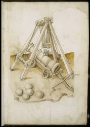 Kanon en lift - Manuscript: perkamentblad van een ingenieurshandboek voor de bouw van civiele, religieuze en militaire gebouwen, anoniem, laat 15e eeuw (figuur in Chinese inkt)