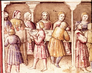 Banketscène in een rijk herenhuis van Padua. Miniatuur uit codex 212 (of Padovano Codice of Bijbel van Padua) 1390-1400 Rovigo, Accademia dei Concordi