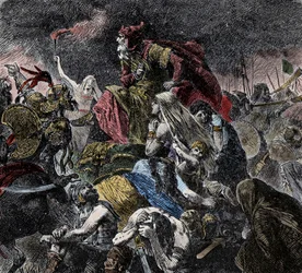 Slag op de Catalaunische Velden, waar de verenigde Romeinen, Franken en Visigoten de Hunnen van Attila en de Ostrogoten bij Troyes versloegen, Dageraad - Barbaarse invasies - (slag op de Catalaunische Vlakten of slag bij Châlons of slag bij Maurica, vond