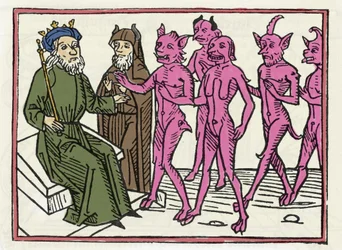 Het proces van Belial: "De demon Belial, vergezeld door vier andere demonen, verschijnt voor rechter Salomo." Gravure uit "Het proces van Belial" van Jacobus de Teramo (of Palladino), Augsburg