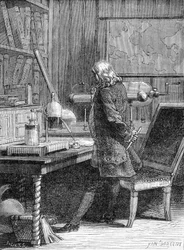 Benjamin Franklin, Amerikaans politicus en natuurkundige (1706-1790) in zijn natuurkundig laboratorium in Philadelphia - gravure