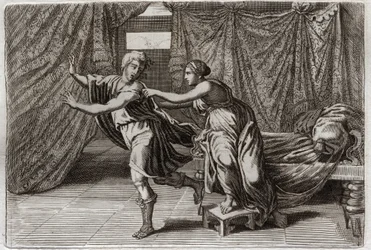 Bijbel van Royaumont, Oude Testament: Kuisheid van Jozef. Jozef wordt verleid door de vrouw van Potifar en in de gevangenis gezet. Illustratie uit 1811.