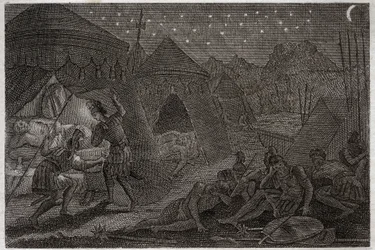 Royaumont Bijbel, Oude Testament: David spaart Saul. David heeft Saul in zijn handen, maar doet hem geen kwaad. Hij neemt alleen de speer en zijn beker. Illustratie uit 1811.