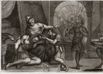 Bijbel van Royaumont, Oude Testament: Dood van Samson. Samson onthult aan Delila dat zijn kracht in zijn haar zit. Ze knipt zijn haar af en brengt de Filistijnse soldaten de kamer binnen. Illustratie uit 1811.