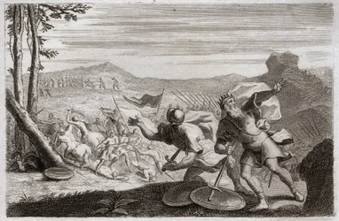 Bijbel van Royaumont, Oude Testament: Nederlaag van Saul. Sauls leger werd door de Filistijnen verslagen. Zijn drie kinderen werden daar gedood en, zwaar gewond in de strijd, doodde hij zichzelf. Illustratie uit 1811.