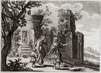 Bijbel van Royaumont, Oude Testament: Ismael jagen. Toen Sarah zag dat Ismael de zoon van Agar (Hagar) de kleine Isaac slecht behandelde, vroeg ze Abraham om haar terug te sturen met haar zoon, zodat Isaac de enige erfgenaam zou zijn volgens de beloften va