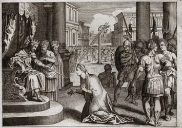 Bijbel van Royaumont, Oude Testament: Straf van Aman. Assuerus I (Xerxes I) hangt Aman (Haman) op aan de galg die hij had voorbereid voor Mardochee (of Mordekhai of Mordecai) en trekt het doodsbevel in dat hij in zijn hele koninkrijk had uitgevaardigd.