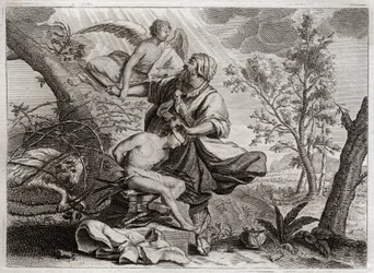 Bijbel van Royaumont, Oude Testament: Offer van Abraham. Een engel houdt Abrahams hand vast voor het offer van zijn zoon Isaak. Links staat de ram die Abraham zal doden. Illustratie uit 1811