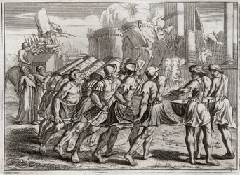 Bijbel van Royaumont, Oude Testament: Inname van Jericho. De muren van Jericho vallen op de grond door het geluid van de trompetten van de priesters die de Ark van het Verbond van de Heer voorafgingen. Illustratie uit 1811.