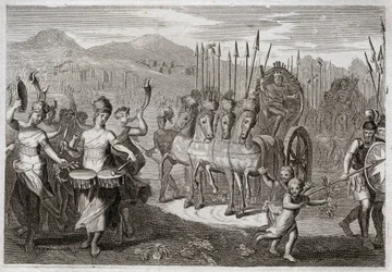 Bijbel van Royaumont, Oude Testament: Triomf van David. Nadat David de reus Goliath had verslagen, gingen de vrouwen van Israël hem tegemoet om zijn triomf te eren, met vreugdekreten en het geluid van instrumenten. Illustratie uit 1811.