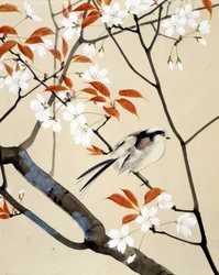 Vogel en bloeiende kersenboom - Japanse tekening door Riou Chim, eind 19e eeuw
